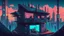 Placeholder: small german Cabin, In cyberpunk city-skyline, comic style