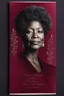 Placeholder: An extremely formal, funeral program written in French for a woman (include a front photograph of a beautiful lightly tanned elderly biracial black woman) on darkest red deeply pigmented velvet paper with brilliant, brightest heavy bright shining platinum calligraphy fonts, simple, minimalistic, less element, very dramatic lighting, brilliant colors,