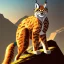 Placeholder: a lynx with golden fur dressed as a man standing on a mountain