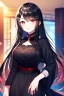 Placeholder: girl, masterpiece, best quality, cinematic lighting, detailed outfit, vibrant colors, perfect eyes, long hair, black hair, red eyes, hairclip, black kimono, indoors, smile, sparkle, depth of field,