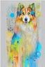 Placeholder: Abstract wet watercolour of a rough collie, ink lines, interlinked circles,detailed focus on eyes