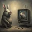 Placeholder: pig watching a tv with a rabbit playing music beksinski style