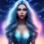 Placeholder: beautiful woman with long hair and smile look the stars and northern aurora blue turquoise lights, blue, pink,