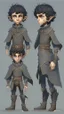 Placeholder: turnaround character of a boy elf, he has curly, black hair and sharp cheekbones. His eyes are black. pale skin. He wears fantasy medieval clothes. full body with boots