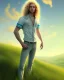 Placeholder: full length photograph of a beautiful boy with long, blonde curly hair and light blue eyes, smiling, standing on a green hill in summer, highly detailed, digital painting, smooth, realistic, HDR