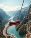 Placeholder: Long distance view Realistic Photography Panoramic style mini sky train, rides in stunning river and mountain landscape, mountain gorge, bright color palette, high detail, perfect composition, cinematic shot, intricate details, hyperdetail