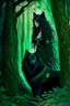 Placeholder: In the heart of a dense and enigmatic forest with towering ancient trees cloaked in emerald foliage stood a bewitching sorceress possessing an ethereal allure her lustrous hair cascading in ebony waves down to her slender waist that turns into roots In the background a faithful companion a majestic canine of Belgian shepherd lineage roamed at her side its eyes illuminated by an otherworldly crimson glow exuding an aura both mysterious and demonic