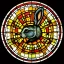 Placeholder: round coaster of rabbit with stained glass window effect, highly detailed, intricate, warm colors, stained glass window, glossy from rain, warm lighting, dramatic lighting