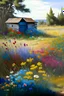 Placeholder: waterco;or painting of a landscape of several kinds of colorful wildflowers, small shed in the distance, ultrasharp, realistic colors