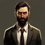 Placeholder: create an arab male character based on john constantine, fatter, older, dark brown short hair and long beard, flat background, no jacket and black tie, larger jaw, realistic