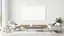 Placeholder: Modern living room interior with armchair, coffee table with objects and empty banner on wall. Mock up, 3D Rendering