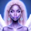 Placeholder: portrait of a beautiful somalian woman with an angel face smiling,long blond hair, blue eyes, pink and blue dress, jewels, soft light aura