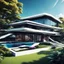 Placeholder: A modern country house, neofuturistic, retro anime art style, contrasting colors. Ultra quality, hyper detailed. By Zaha Hadid