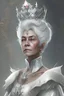 Placeholder: dnd character, queen with white regal dress, short silver hair and an ornate crown