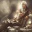 Placeholder: half body shot of calm elf with white hair in brown suit reading a legendary book, fantasy character, somber, gloomy lighting, epic perspective, trending on artstation