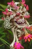 Placeholder: Elaborate skeleton lattice with multicolored blooming alien flowers growing through it.