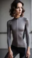 Placeholder: photography of a beautiful anorexic woman, grey satin triathlon top, brunette wavy bob haircut, flat chest, grey satin cycling leggins