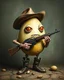 Placeholder: Bosch painting style ,nightmare, a big Easter eggs with lugs wearing boots and hands carrying a machine gun with a big cowboy’s hat and