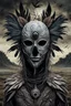 Placeholder: An surreal stunning image of a crepy ritualistic Feathered face Mask mutant witd dark eyes, pale skin, on creature, with dark muted tones, a grim and weird atmosphere, textured impasto-like effect with ink, intricate details, surreal vibe, expressive focusing, muted tones, gradients, thriller and utopistic mood, in background barren landscape, ruins, dark shadows