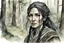 Placeholder: ink wash and watercolor illustration of an ancient grizzled, gnarled female vagabond wanderer, long, black hair streaked with grey, highly detailed facial features, sharp cheekbones. Her eyes are black. She wears weathered roughspun Celtic clothes, emaciated and tall, with pale skin, full body , thigh high leather boots within a forest of massive ancient oak trees in the comic book style of Bill Sienkiewicz and Jean Giraud Moebius , realistic dramatic natural lighting, rich, vibrant earth tones