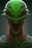 Placeholder: green alien, head, evil, red eyes, big silver teeth, weapons, blood, 8k, finely detailed, photo realistic, HR Giger style