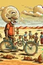 Placeholder: giant old bicycle with pepe on the top smoking in the desert with small people around n the style of Hiroshi Nagai