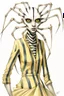 Placeholder: Artist Jean-Baptiste Monge style. A humanoid biomorph Zebra-Spider faced woman. Yellow eyes. A yellow striped ress, covered with spider legs.