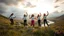 Placeholder: a group of young ladies in sports pants and blouse are dancing to camera in high grassy hills,a small fall and river and wild flowers at river sides,cloudy sun set sky