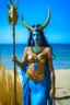 Placeholder: A picture of a beautiful "blue" faced indian goddess with skin painted blue, "blue painted body", "blue painted torso", wild black hair, stag antlers, elven ears, golden skirt, holding a staff on a sunny beach