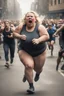 Placeholder: an obese terrified blonde woman crying and sobbing in a crossfit outfit desperately running away from an angry mob of thousands of people chasing her down a city street while she is flailing her arms for dear life