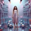 Placeholder: make a picture pretty stage made of metallic blue-gray teme 3d recursive cubic and sphere and cylinder base structures and a beautiful fashion model lady standing with cute in scene with sexy top and pretty pleated midi skirt ,makeup curvy long hair,dynamic camera zoom to full body and pan, dynamic lights.