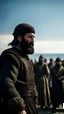 Placeholder: A large Muslim commander in his forties surrounded by a hill of his soldiers, his back to the camera, short black beard, square face, addressing his soldiers near the seashore, burning ships, light clothes, war clothes, 11th century, great focus, great features, photography Total, best quality, high quality, high detail, 16k, HD, 1080p, high quality, detailed textures, crazy details, ultra HD picture quality.