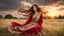 Placeholder: Hyper Realistic Photographic View Of a Young Beautiful Pashto Woman With Long Brown Hair & Beautiful Eyes Wearing Beige-Dress & Red Dupatta Smiling & Sitting On Long Grass Overlapping Her Dress & Her Hair Is Whirling With Cold Breeze At Cloudy Sunset Showing Dramatic & Cinematic Ambiance.