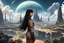 Placeholder: exotic slim sci-fi girl, with long dark hair with bangs, on an alien planet with cloud trees, tall spires, buildings, bridges, arches, photorealistic