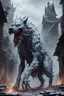 Placeholder: frost hellhound out of the abyss monstrous with five heads in ruins of medival town