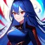 Placeholder: Clear focus, 8k, high quality, detailed, beautiful lighting, vibrant colors, blue long hair, vibrant red eyes, girl, smile, qreen, angry