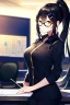 Placeholder: girl, masterpiece, best quality, cinematic lighting, detailed outfit, vibrant colors, perfect eyes, black hair, golden eyes, long hair, ponytail, black glasses, at office, hairclip,