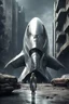 Placeholder: a photorealistic sleek, long, silver spaceship sitting in the street of a dystopian futuristic ruined alien city, with a woman in a silver suit, standing in front