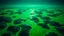 Placeholder: realistic photo, aerial view of a landscape covered in green slime that looks futuristic with futuristic lighting, horizon