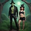 Placeholder: An extremely muscular young man who resembles an old, decomposing zombie with pixie-cut black hair, wearing a black leather jacket and pants, standing next to a beautiful woman with auburn hair who resembles the wicked witch of the west, wearing a black two-piece bathing suit with a perfect shaped, stacked body, and a perfect face, 4k, 8k, 32k UHD, Hyper realistic, extremely colorful, vibrant, photorealistic, realistic, sharp, highly detailed, professional quality, beautiful, awesome, majestic,