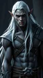 Placeholder: Male elf, muscular warrior, dark grey skin, long white hair. Sci-fi Fantasy. Photorealistic