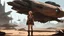 Placeholder: Concept art. Medium shot. skinny 50-year-old woman in brown shorts, shirt, and boots, standing next to a Vulture Droid cargo spaceship, sitting in a derelict alien jungle town. Best quality.