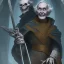 Placeholder: Evil evil dark Old human Necromancer in dark robes in a dark cave covered in darkness and bones with skeletons surrounding, crazy,monster