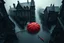 Placeholder: top-down view of a grayscale wet city street with old tall haunted houses, rain, one little red umbrella lying prone on the street, rain, surreal style, dark mood