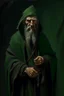 Placeholder: 1970's dark fantasy cover dnd style oil painting of an old herbalist hobo like hero using a dark green cloack with sport outfits with minimalist duotone black far perspective.