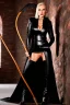 Placeholder: mature evil witch in black leather gown with a leather whip in her hand, big chest, angry face, inside a dungeon