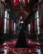 Placeholder: Facing front photography realistic Full body,creepy Vampire ghost woman long hair straddle wings bat she on standing on creepy,in mystery palace vampire,red roses flowers sorrounded background,dramatic angle, extreme angle shot, trypophobia, horror