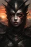 Placeholder: A formidable warrior girl in black armor, against the background of an amazing gloomy landscape flooded with sunset, mountains, trees, a fabulous scary hero, juicy emotions, painting, gloomy fantasy, gloomy day, dark world, portrait, oil and graphite, wide strokes, a weaving frame around, by Ryohei Hase, Agnes Cecile, Raymond Swanland, Anne Bachelier