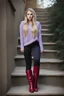 Placeholder: beautiful 18 year old girl with ash blonde hair and blue eyes with her curvy hair down, wearing a long-sleeved woollen top, and lilac long leggings, with long red boots full body shot