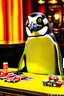 Placeholder: photo of a penguin playing cards at a casino, not a cartoon